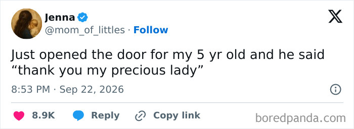 A social media post where parents vented about a polite 5-year-old saying thank you my precious lady.
