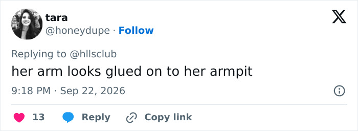 Tweet by user tara stating Taylor Swift arm looks glued on to her armpit in her latest photo. Tweet by user tara stating Taylor Swift arm looks glued on to her armpit in her latest photo.