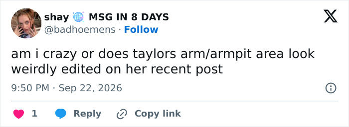 A social media post questioning Taylor Swift arm and armpit area photo editing. A social media post questioning Taylor Swift arm and armpit area photo editing.