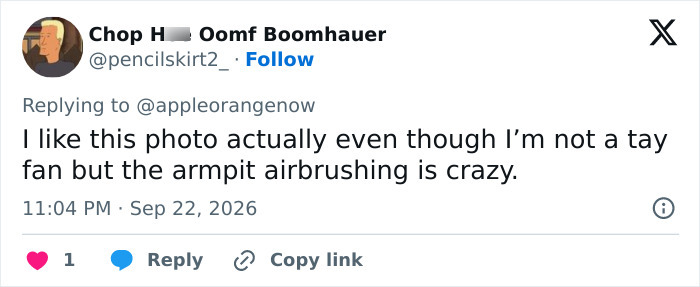 A post highlighting Taylor Swift being criticized by fans for extreme armpit airbrushing. A post highlighting Taylor Swift being criticized by fans for extreme armpit airbrushing.