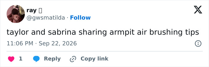 A post comparing Taylor Swift and Sabrina Carpenter armpit airbrushing tips. A post comparing Taylor Swift and Sabrina Carpenter armpit airbrushing tips.