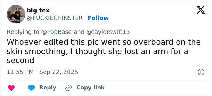 A social media post criticizing Taylor Swift for excessive skin smoothing in her latest photo. A social media post criticizing Taylor Swift for excessive skin smoothing in her latest photo.