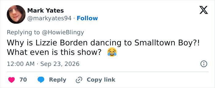 X post criticizing the Lizzie Borden series for playing Smalltown Boy during a scene. X post criticizing the Lizzie Borden series for playing Smalltown Boy during a scene.