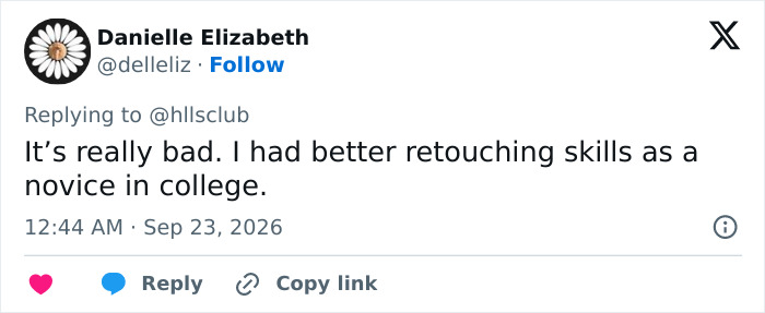 A tweet criticizing retouching skills, highlighting the Taylor Swift photo editing controversy. A tweet criticizing retouching skills, highlighting the Taylor Swift photo editing controversy.