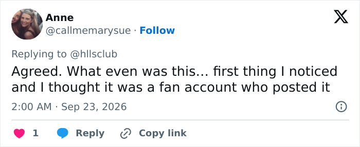 Tweet by user Anne agreeing on the weird detail in Taylor Swift latest photo thinking it was a fan account post. Tweet by user Anne agreeing on the weird detail in Taylor Swift latest photo thinking it was a fan account post.