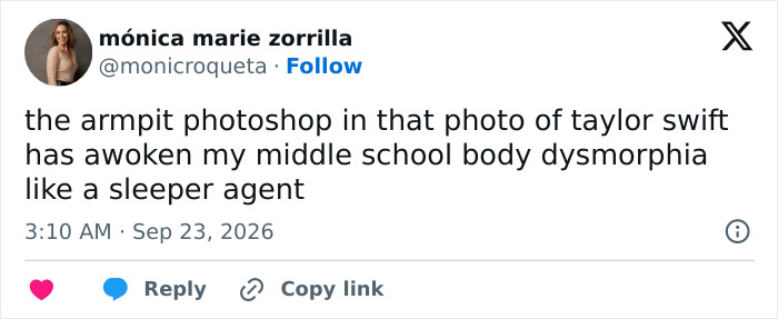 A social media post discussing the controversial armpit photoshop edit in Taylor Swift latest photo. A social media post discussing the controversial armpit photoshop edit in Taylor Swift latest photo.