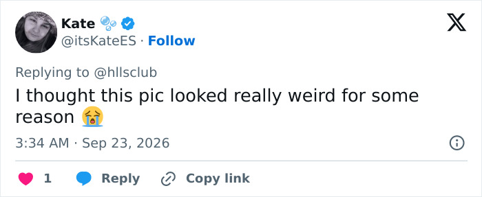 Tweet by user Kate about Taylor Swift latest photo looking really weird with a crying emoji. Tweet by user Kate about Taylor Swift latest photo looking really weird with a crying emoji.