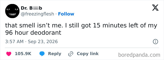 Funny tweets about deodorant with a creepy profile picture
