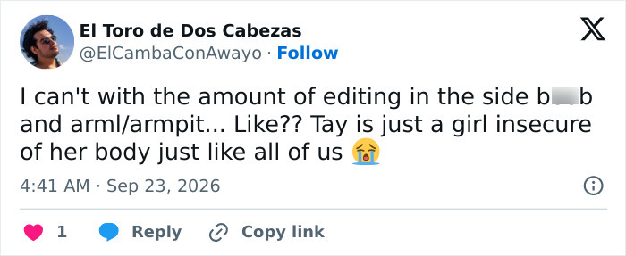 A user tweet discussing insecure body edits in a Taylor Swift photo. A user tweet discussing insecure body edits in a Taylor Swift photo.