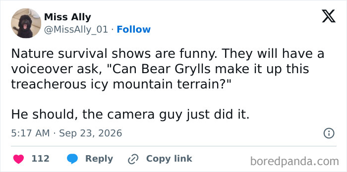 Funny tweets about Bear Grylls and the camera guy in survival shows