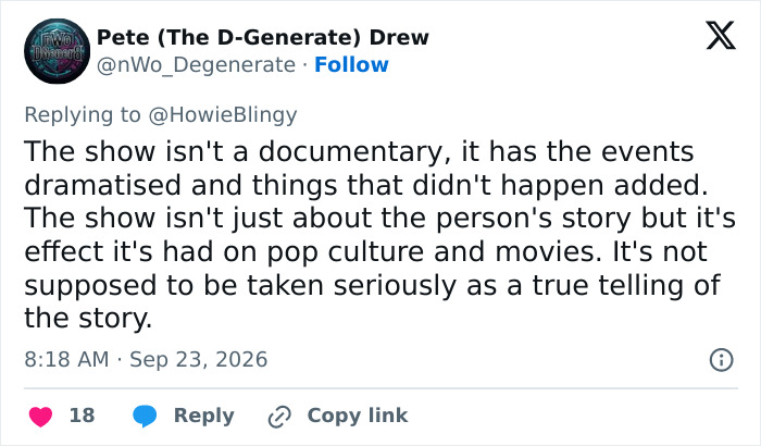 Tweet by Pete explaining the Lizzie Borden series is not a documentary Tweet by Pete explaining the Lizzie Borden series is not a documentary