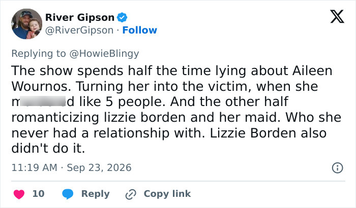 Tweet by River Gipson criticizing the Lizzie Borden series on X Tweet by River Gipson criticizing the Lizzie Borden series on X