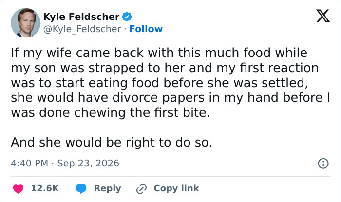 A viral tweet about divorce papers and the treatment of a wife, showing the text by Kyle Feldscher. A viral tweet about divorce papers and the treatment of a wife, showing the text by Kyle Feldscher.