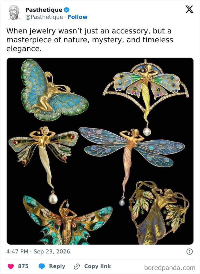 Exquisite Art Nouveau butterfly and dragonfly jewelry illustrating aesthetic art.