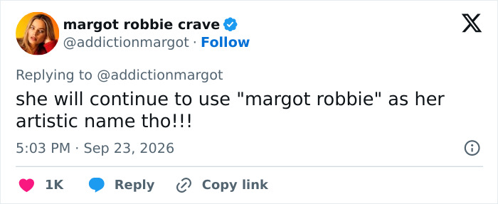 Tweet confirming Margot Robbie keeps her artistic name after name change Tweet confirming Margot Robbie keeps her artistic name after name change