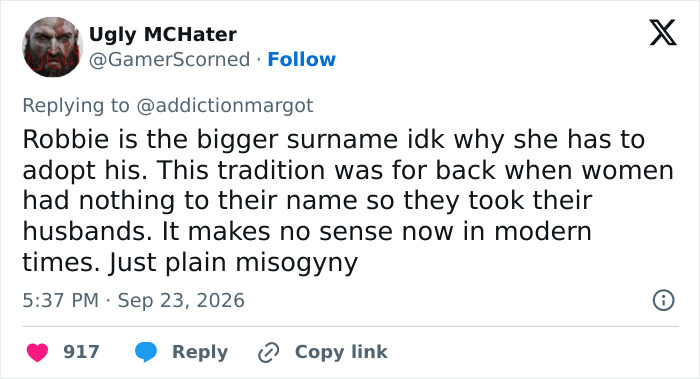 Tweet criticizing tradition of women changing surname in name change topic Tweet criticizing tradition of women changing surname in name change topic