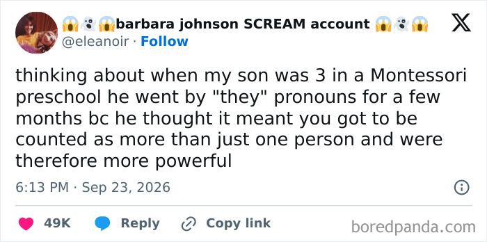 An X post from parents vented on social media explaining why a toddler chose they pronouns.