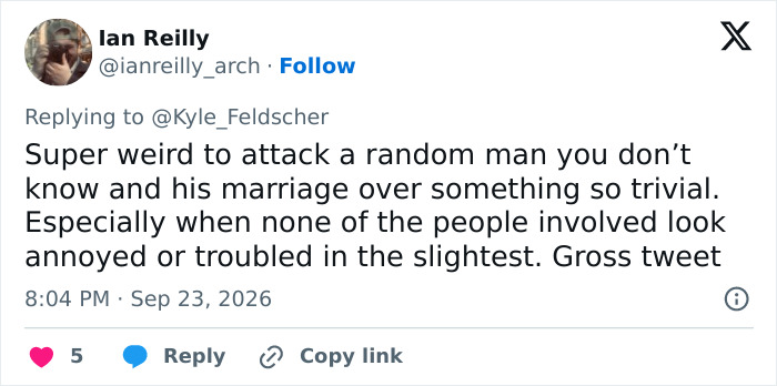 A tweet criticizing the online outrage over the viral treatment of wife during baseball match. A tweet criticizing the online outrage over the viral treatment of wife during baseball match.