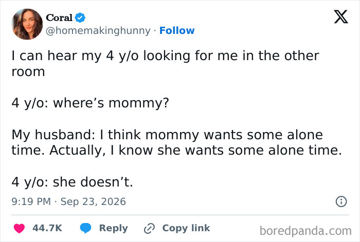 An X post featuring funny parenting moments where parents vented on social media about alone time.