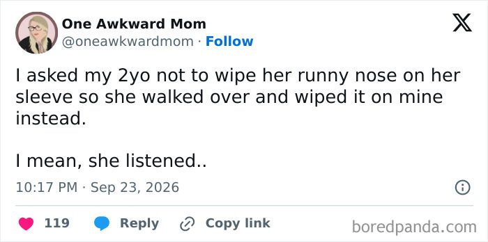 A social media post where parents vented about a toddler wiping her runny nose on her mother's sleeve.