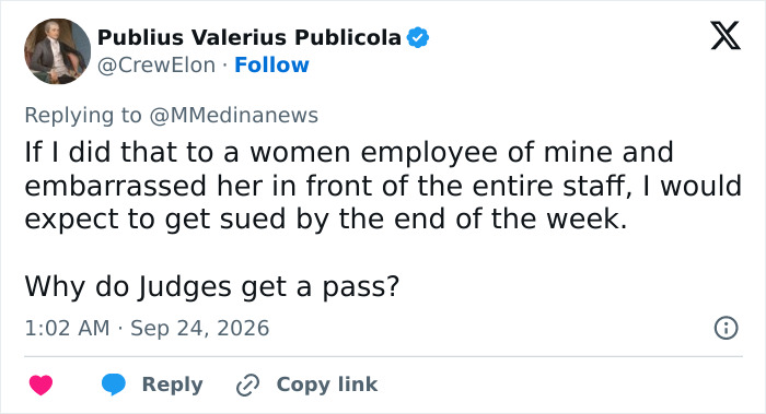 Social media post discussing a judge calling out a female employee.