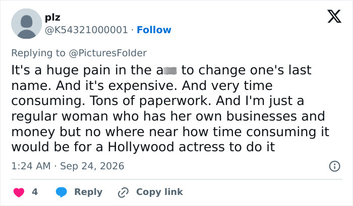 Tweet about difficulty and expense of changing last name in Margot Robbie story Tweet about difficulty and expense of changing last name in Margot Robbie story