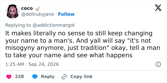 Tweet arguing against changing name to husband's in Margot Robbie news Tweet arguing against changing name to husband's in Margot Robbie news