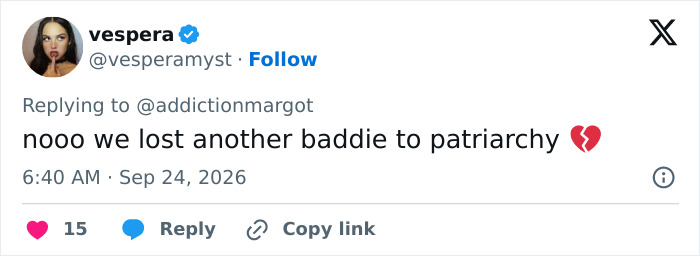 Twitter reply mourning loss of baddie to patriarchy for Margot Robbie Twitter reply mourning loss of baddie to patriarchy for Margot Robbie