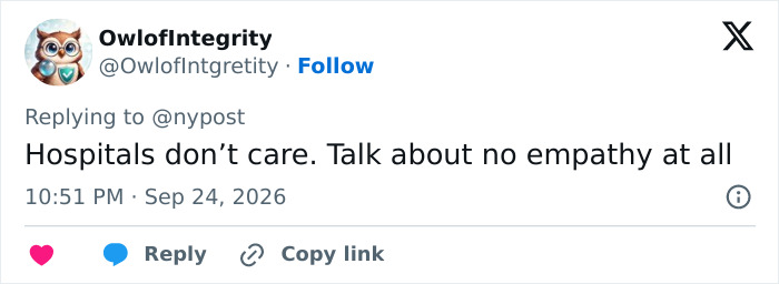 Social media comment criticizing hospital empathy amid lawsuit involving grieving parents Social media comment criticizing hospital empathy amid lawsuit involving grieving parents