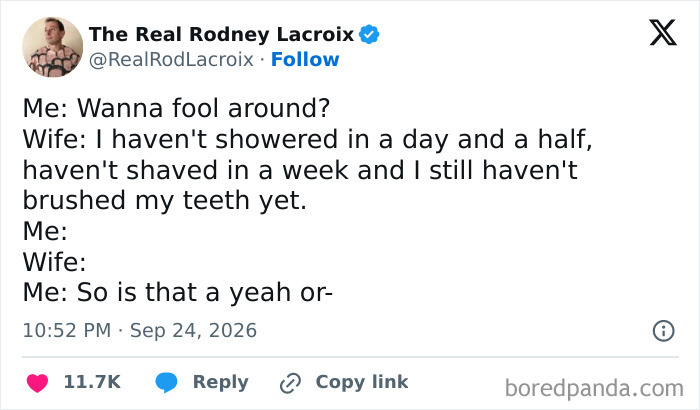 Amusing and funny tweets showcasing a husband asking his unwashed wife to fool around