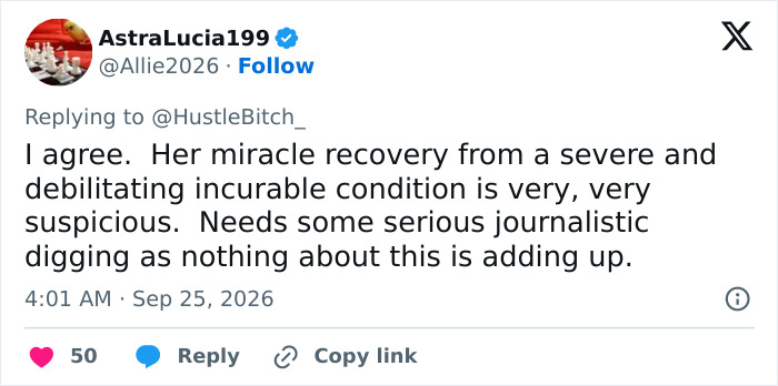 Tweet questioning Celine Dion's miracle recovery from stiff person syndrome as suspicious Tweet questioning Celine Dion's miracle recovery from stiff person syndrome as suspicious