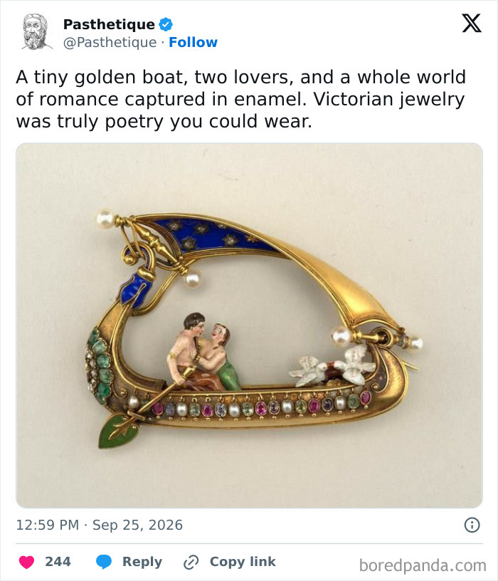 An ornate golden boat brooch showcasing aesthetic art depicting two lovers in colorful enamel.