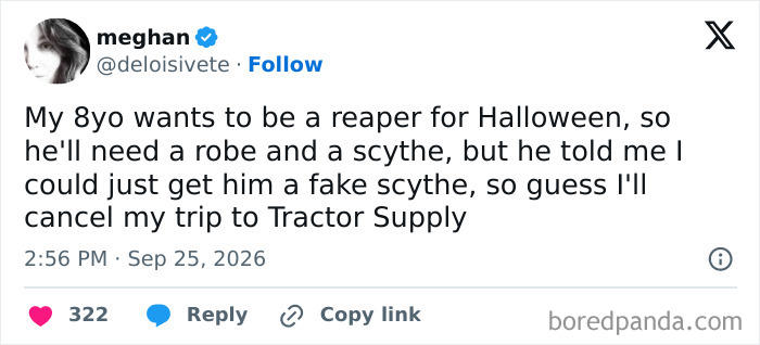 A social media post by Meghan joking about buying a real scythe, showcasing how parents vented on social media.