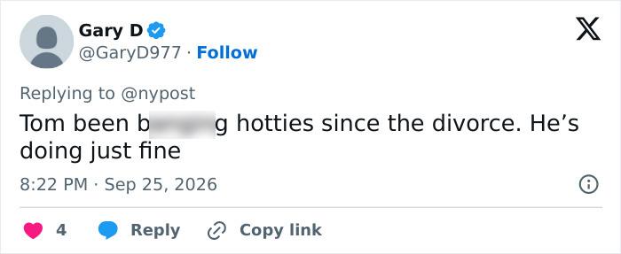 Tweet stating Tom Brady doing fine since divorce Tweet stating Tom Brady doing fine since divorce