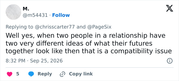 Tweet about relationship compatibility issues mentioning future differences Tweet about relationship compatibility issues mentioning future differences