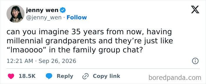 Funny tweets reflecting on future millennial grandparents texting in the family group chat