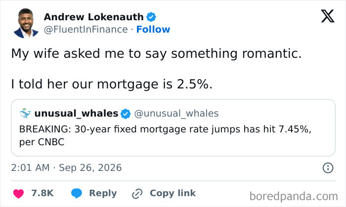 Hilarious and funny tweets depicting a man telling his wife their mortgage rate to be romantic
