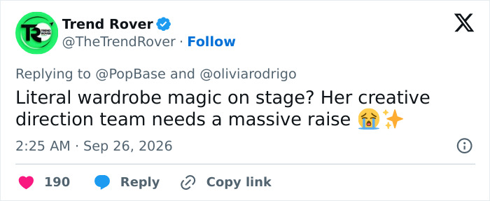 Tweet praising Olivia Rodrigo's wardrobe magic on stage during tour moment Tweet praising Olivia Rodrigo's wardrobe magic on stage during tour moment
