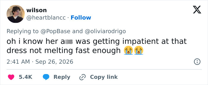 Tweet about impatience for Olivia Rodrigo's dress melting faster Tweet about impatience for Olivia Rodrigo's dress melting faster