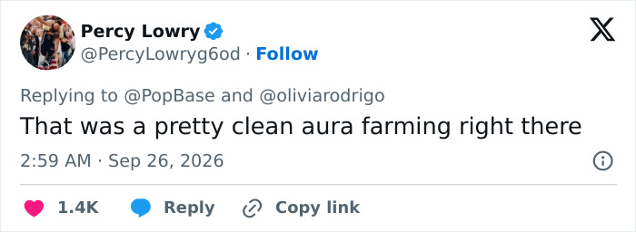 Comment noting a clean aura farming moment by Olivia Rodrigo Comment noting a clean aura farming moment by Olivia Rodrigo