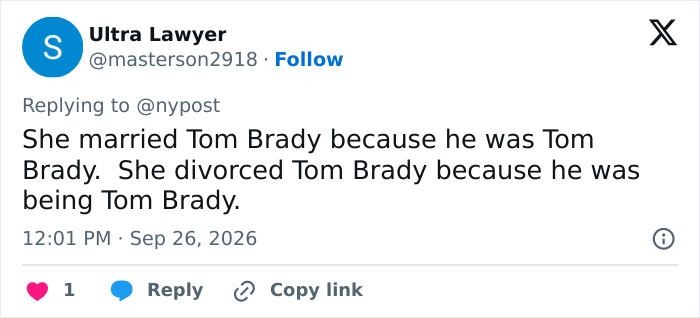 Tweet about Gisele Bündchen marrying and divorcing Tom Brady because of who he is Tweet about Gisele Bündchen marrying and divorcing Tom Brady because of who he is