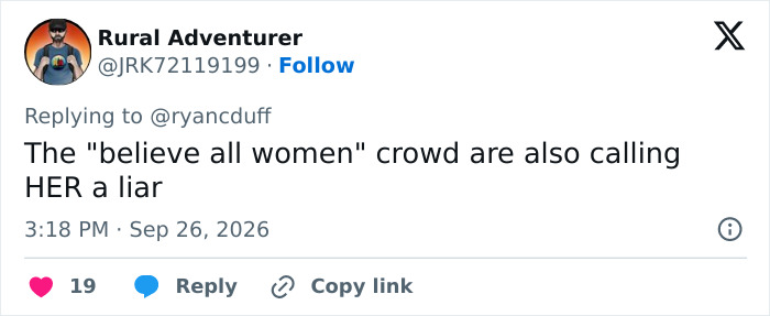 Tweet mentioning 'believe all women' crowd calling her liar