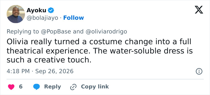 Tweet praising Olivia Rodrigo's water-soluble dress theatrical tour moment Tweet praising Olivia Rodrigo's water-soluble dress theatrical tour moment