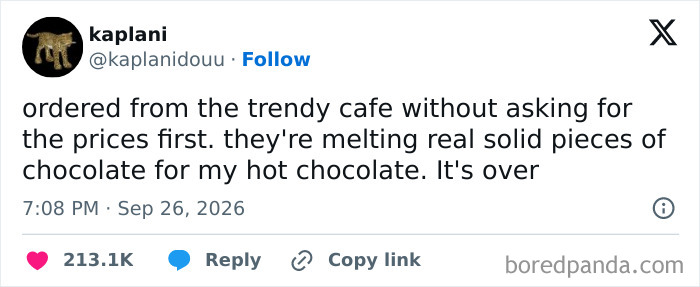 Funny tweets about ordering an expensive hot chocolate from a trendy cafe