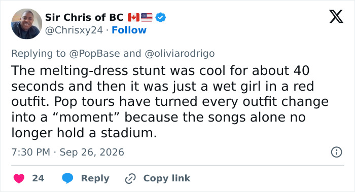 Tweet commenting on Olivia Rodrigo's melting dress stunt during her tour Tweet commenting on Olivia Rodrigo's melting dress stunt during her tour