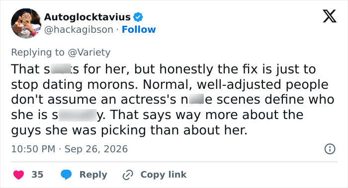 A social media post discussing the dating life of an actress after intimate scenes. A social media post discussing the dating life of an actress after intimate scenes.