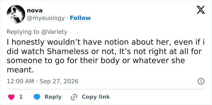 A social media user sharing their perspective about the body image of a Shameless actress. A social media user sharing their perspective about the body image of a Shameless actress.