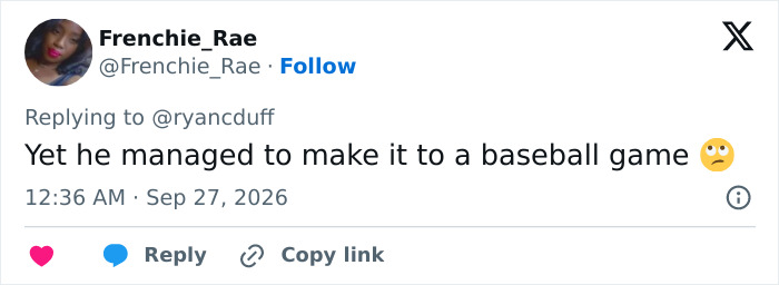 Tweet commenting on attendance at baseball game despite situation