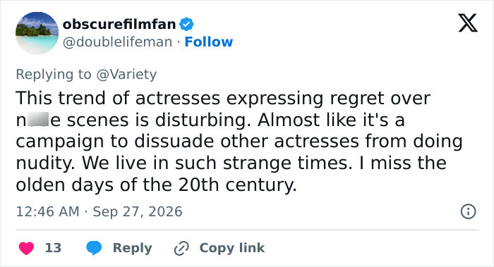 A social media post debating a Hollywood actress and her controversial Shameless intimate scenes A social media post debating a Hollywood actress and her controversial Shameless intimate scenes