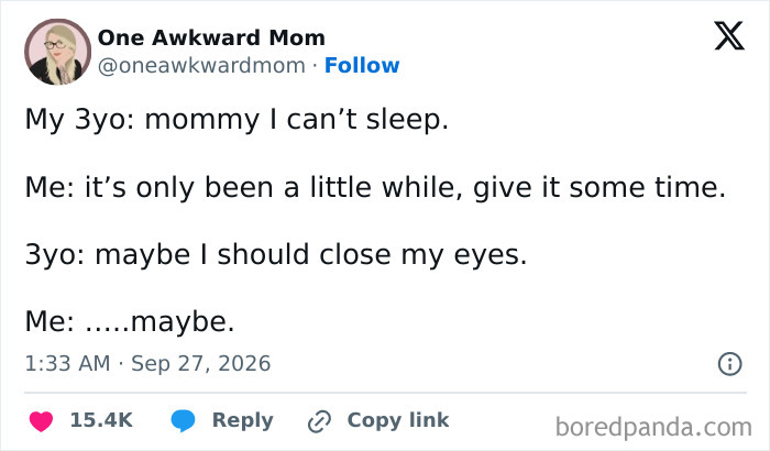 A tweet where parents vented on social media about a funny bedtime conversation with a 3-year-old.